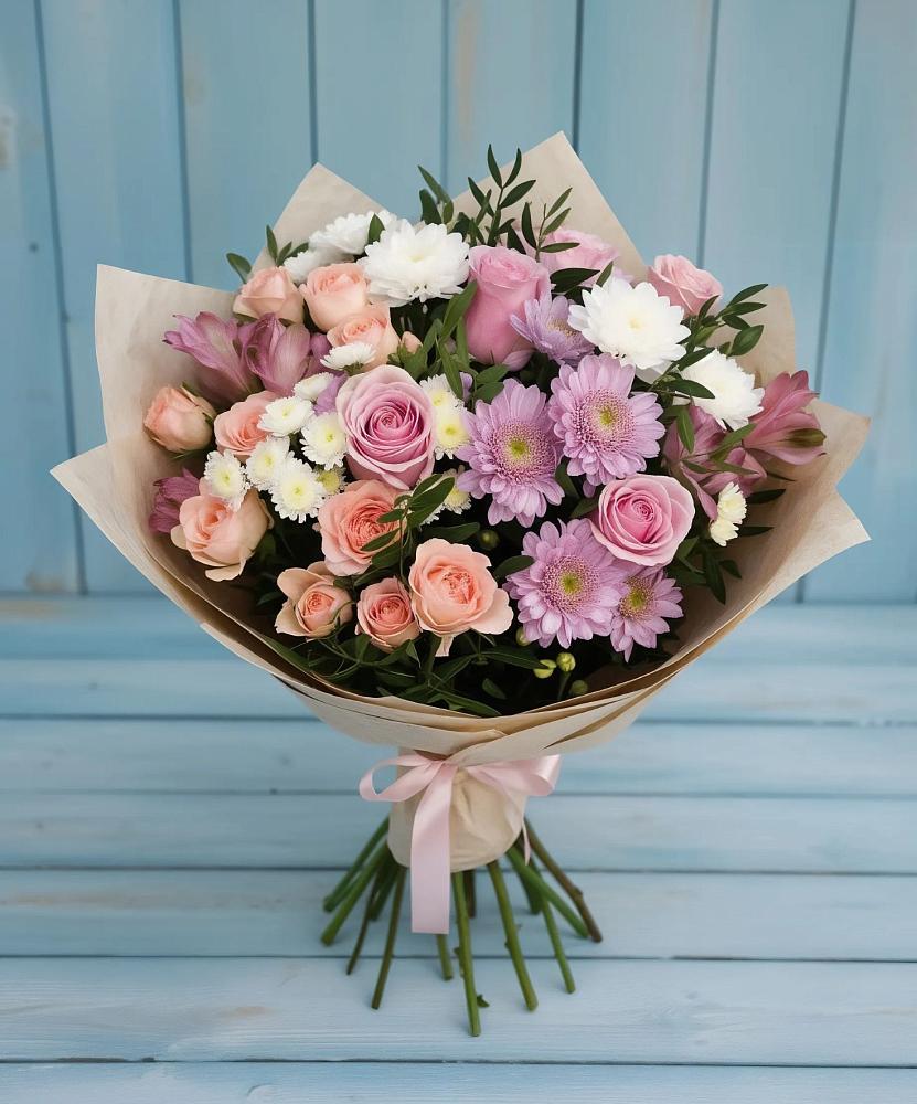 Букет цветов из: Хризантемы, Розы и Альстромерии в Нижнеангарск