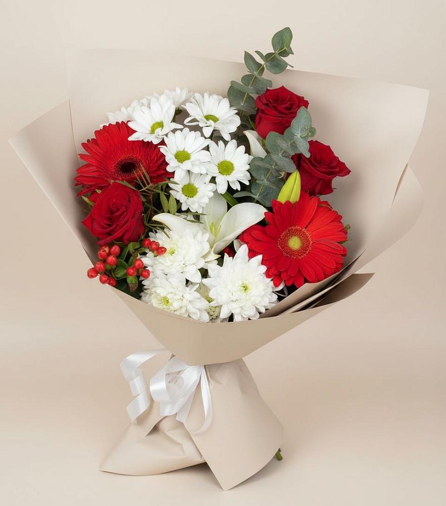 Букет цветов из: Розы, Хризантемы, Герберы и Лилии в Нижнеангарск