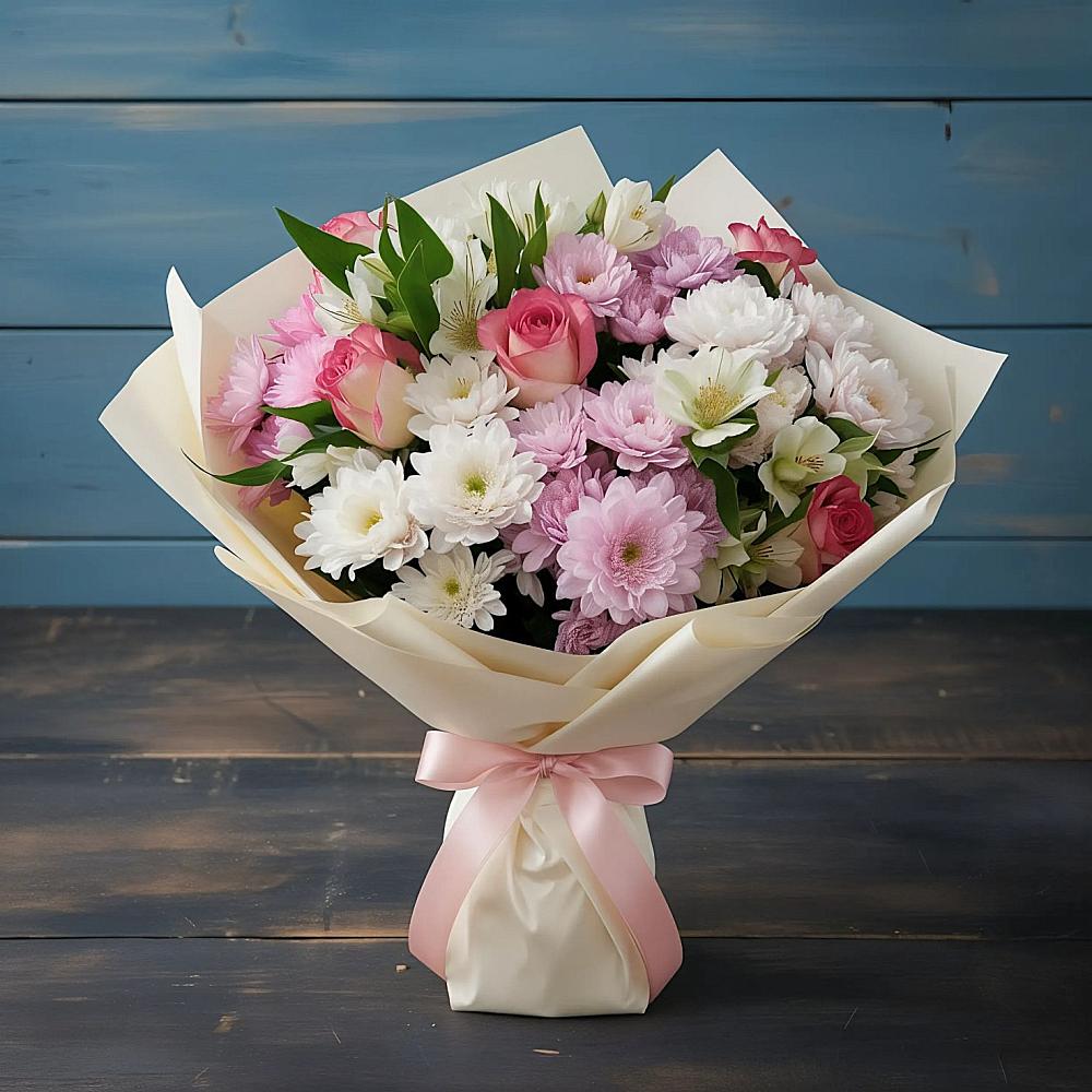 Букет цветов из: Хризантемы, Альстромерии и Розы в Нижнеангарск